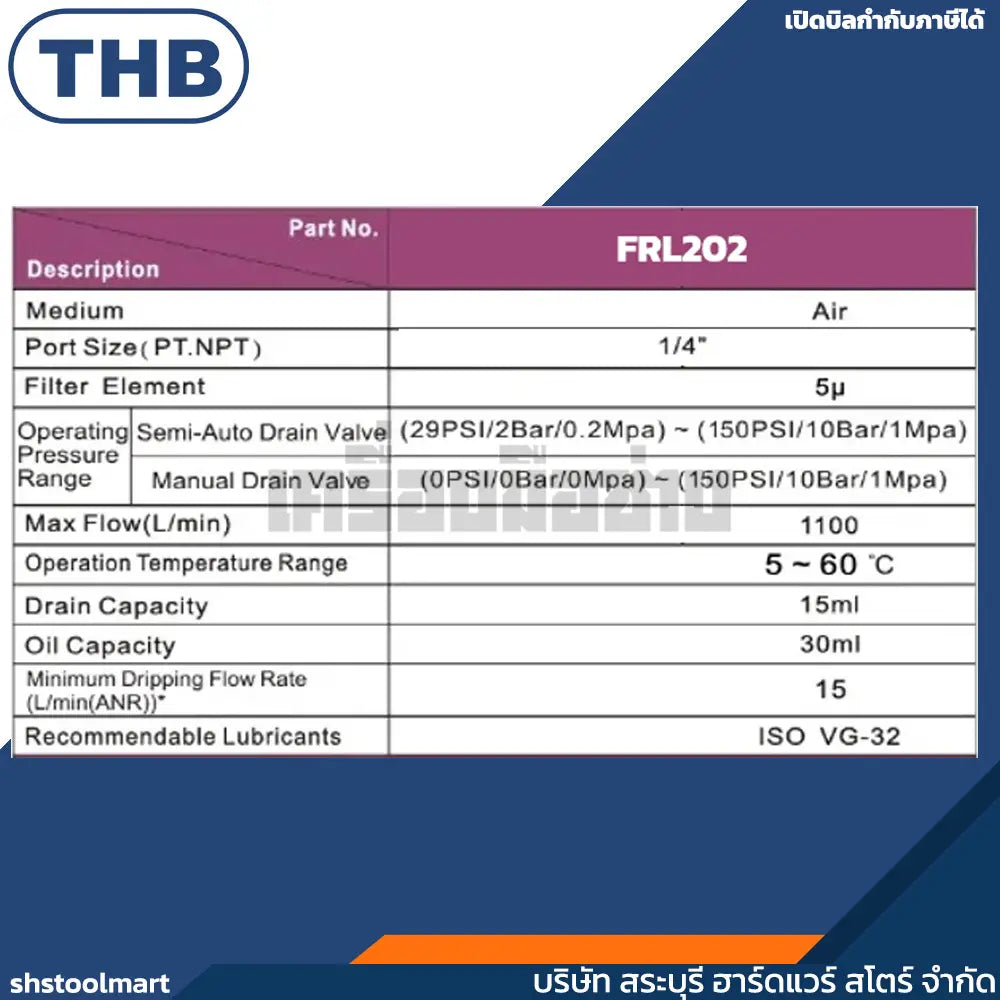 THB ชุดกรองลม ดักน้ำ ปรับลม เติมน้ำมัน ขนาดเกลียว 1/4 FRL202