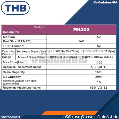 THB ชุดกรองลม ดักน้ำ ปรับลม เติมน้ำมัน ขนาดเกลียว 1/4 FRL202